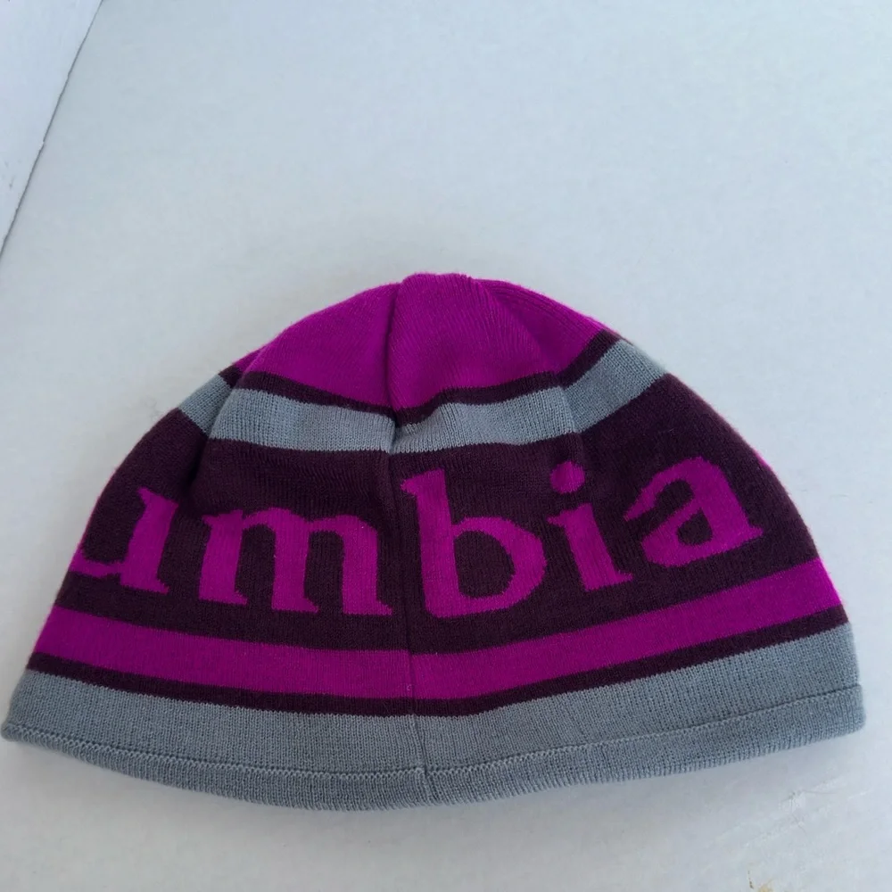 Columbia Omni Heat Lined Beanie Hat Purple Gray Stripe Winter Ski Hiking Cap